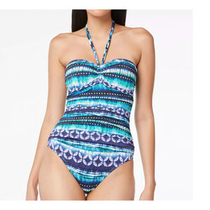 BLEU BY ROD BEATTIE Printed Blue Bandeau One-Piece Swimsuit 10 NWT